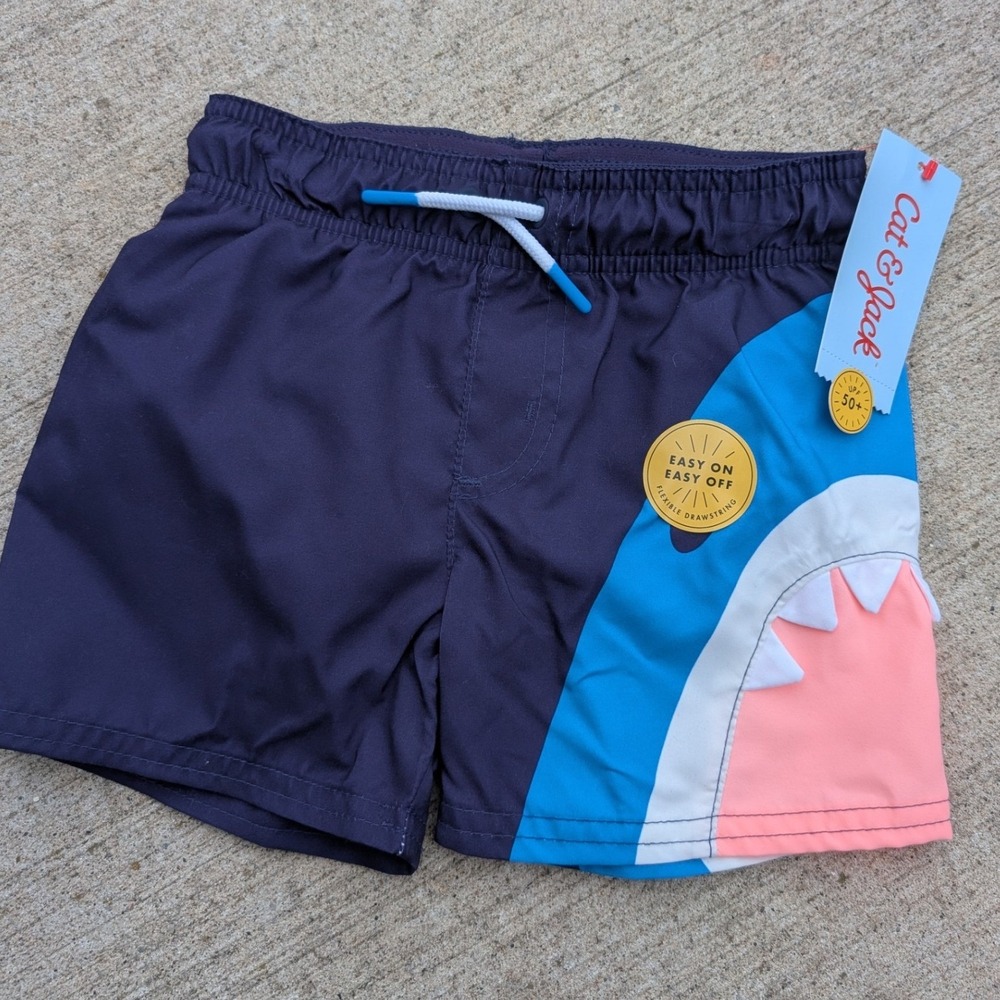 Cat‎ & Jack Swim Trunks Toddler Boys 2T Navy Blue NWT Shark UPF 50+ Drawstring